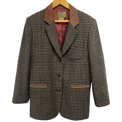 Chaqueta Blazer De Colección Años 80 JL Colebrook Para Mujer LG Pata de Gallo Marrón Tostado Cuero Borde Foto 1 de 4