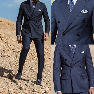 Juegos de trajes para hombre 2 piezas doble pecho rayas negocios ajuste regular solapa pico Foto 1 de 4