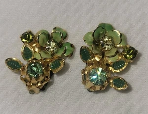 Austria Green And Clear Rhinestones Clip-on Earring Set Enamel Painted Vintage - Picture 1 of 12