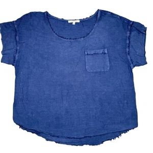 Camisa Pure + Good Para Mujer Mediana Azul Mezcla de Lino Borde Deshilachado Bolsillo Informal Top - Imagen 1 de 7