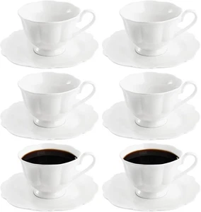 Jucoan 6er Set Porzellan Teetassen und Untertassen, Knochen 12-teiliges Set, weiß  - Bild 1 von 7