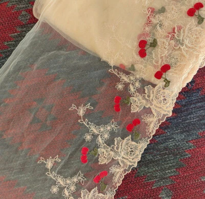 3 Yards 12" Wide Fleshcolor Tulle Mesh Lace/Embroidered Red Cherry/Flower xh233 - Image 1 of 3