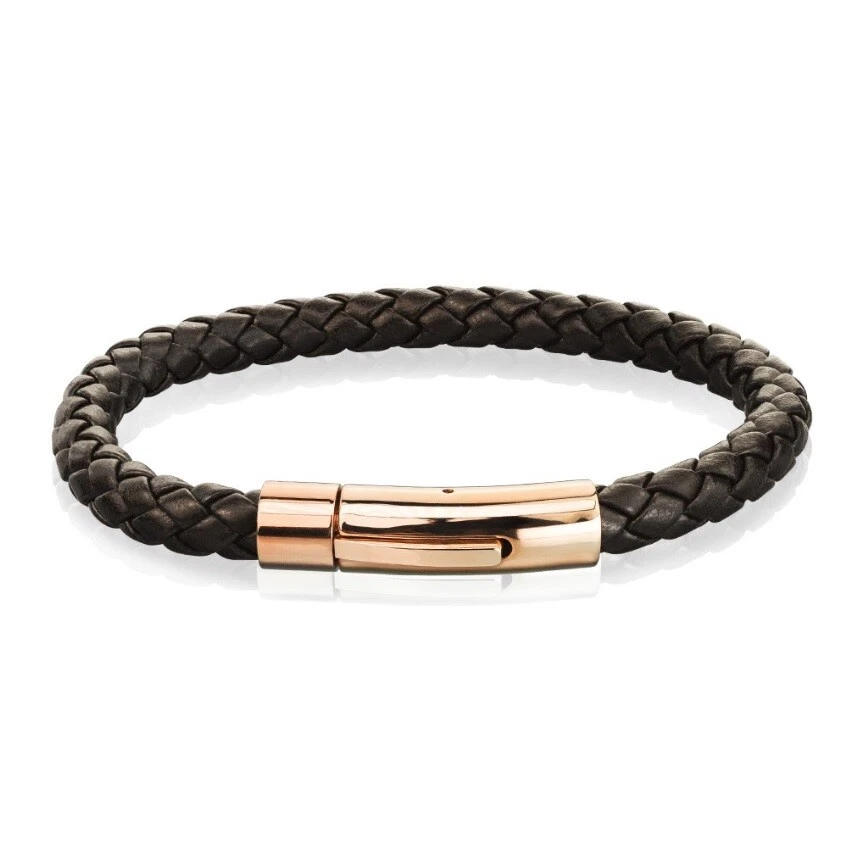 Pulsera de cuero Bolo trenzado para hombre con cierre de bloqueo de acero inoxidable - negro marrón Foto 1 de 4