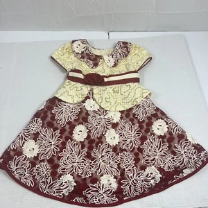 Richie House Special Occasion Dress Size 4T Gold Cream Maroon Floral Lace Collar - Picture 1 of 18