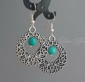 Natural Turquoise Tibetan Silver Hoop Circle Filigree Earrings 925 Sterling Hook - Picture 1 of 3