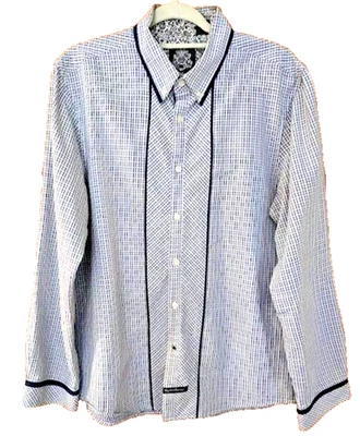 英式洗衣纽扣衬衫男式 XL 蓝色 Whte 格子对比装饰长袖 — 第 1/4 张图片