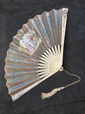 Gorgeous Mid Victorian French Silver Foil Hand Painted Fan From Film Collection - Image 1 of 4