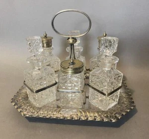 Antique Victorian Silver Plate & Glass 6 Bottle Condiment Cruet Set - Picture 1 of 12