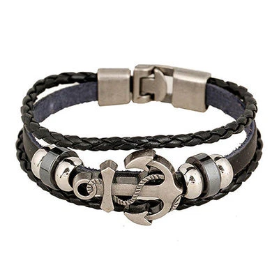 KEOSS Bracciale Braccialetto Intrecciato da Uomo con Ancora in pelle Cuoio Nautica