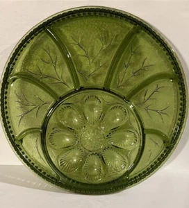 Vintage Indiana Green Glass Deviled Egg Divided 12.7" Round Serving Platter Tray - Picture 1 of 2