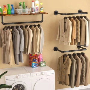 2PCS 92CM Pipe Clothes Rack Wall Mounted Industrial Iron Garment Bar Hanging Rod - Picture 1 of 12