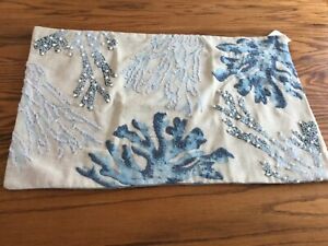 NEW pottery barn under the sea embroidered coral lumbar pillow cover blue ocean
