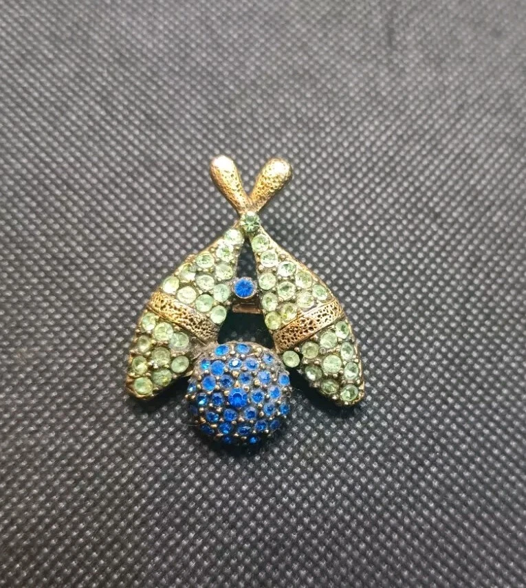 Broche prendedor vintage con motivo de bolos de cristal verde claro y azul oscuro Foto 1 de 4