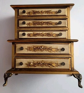 VTG MCM Prince Imports Gold Florentine 5 Blue Velvet Drawer Music Jewelry Box  - Picture 1 of 6