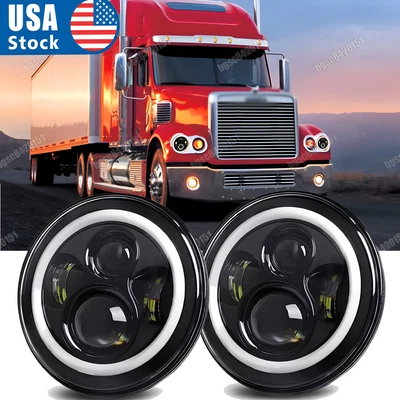 Pair 7 inch Round LED Headlights HI-Lo Beam For Freightliner Coronado 2001-2016 - Image 1 of 4