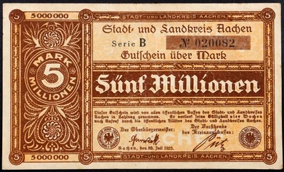 AACHEN 1923 5 Million Mark Inflation Notgeld Banknote Germany - Image 1 of 2
