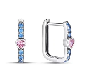 925 Sterling Silver Woman Pink Heart Blue Zircon Stones Hoop Earring Girls Gift - Picture 1 of 5