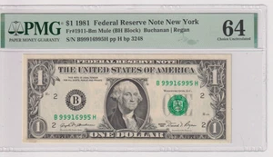 Fr 1911-Bm 1981 $1 FRN FANCY B99916995H bp3248 NEW YORK PMG 64 RARE MULE NOTE - Picture 1 of 2