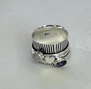 925 STERLING SILVER PLATED WIDE BAND AMETHYST SPINNER RING AA809 SIZE 8 - Picture 1 of 1