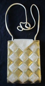 Gold and White Diamond Pattern Leather Shoulder Bag Purse - Picture 1 of 6