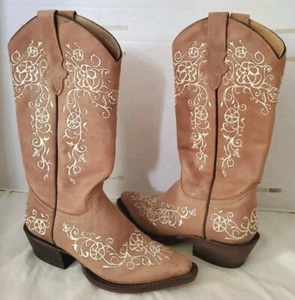 Fancy Handmade Roper Leather Tall Snip Toe Cowboy Boots Womens 5 Brown - Picture 1 of 17