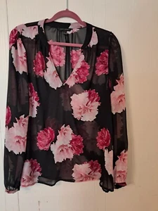 Banana Republic Sheer Tunic Black W/pink Flowers L Iong Sleeve Pullover - Picture 1 of 5