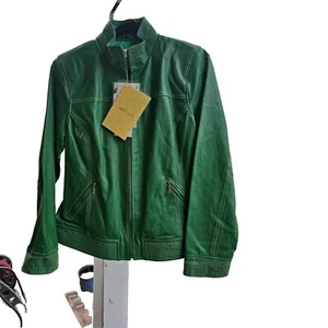 Giacca di pelle Bradley Bayou vintage anni 90, verde, nuova con etichetta, Wms. Piccolo - Foto 1 di 3