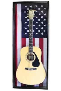 Guitar Display Case Black & US Flag Wood Electric Wall Holder Lock Rack Cabinet - Picture 1 of 16