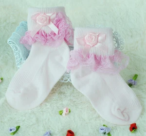 Baby Girls Lace Flower Frilly Christening Socks White Pink 0-6 Months - Picture 1 of 3