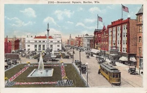 Postal Monument Square Streetcar Cars Racine Wisconsin 1920c - Imagen 1 de 2