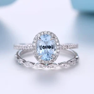 Vintage Oval Cut Natural Aquamarine White Gold Plated Silver Engagement Ring Set - Picture 1 of 5