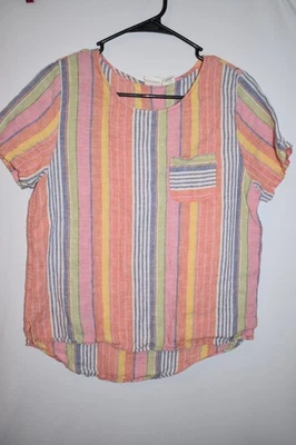 C&C California Woman Size S Pink Mulit 100% Linen HiLo Short Sleeve Blouse Top - Image 1 of 3