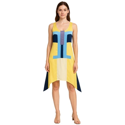 Beth Bowley Yellow Blue Mod Silk Retro Colorblock Asymmetrical Dress Womens S Foto 1 de 4