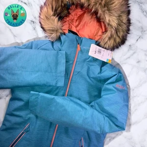 Roxy American Pie Solid Snow Jacket Girls 16 XXL Teal Faux Fur Winter Coat Ski - Picture 1 of 12