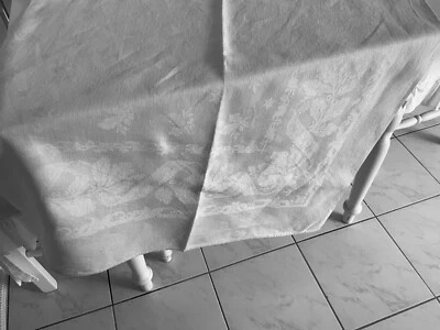linge ancien Nappe De Mariage Damassé De Soie Feuille De Chêne Monogramme A F - Photo 1/4