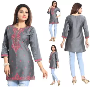 Women Ethnic Short Kurti Tunic Raw Silk Embroidery Grey Kurta Shirt Dress BD408 - Picture 1 of 7