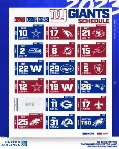 New York Giants 2023 Season Schedule NFL 8x10 Photograph Print Cover