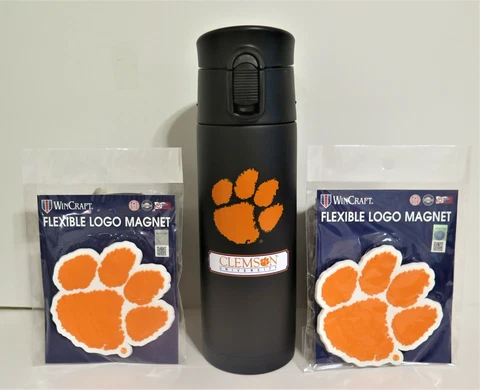 CLEMSON TIGERS 16oz STAINLESS STEEL COFFEE THERMOS & TWO FLEXIBLE MAGNETS Cover