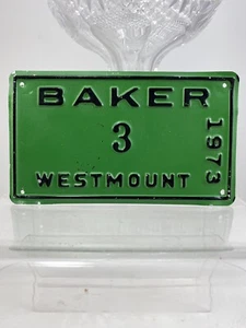 Vintage 1973 BAKER 3 Westmount NJ Vanity Green License Permit Tax Plate Tag 6” - Picture 1 of 5