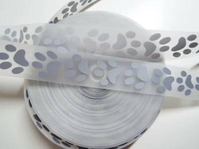 1m - IRON ON - Paw Print- Silver Reflective Safety Warning Tape - 25 mm wide