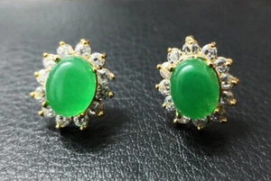 Genuine Green Jade Cabochon Cubic Zirconia Flower Gold Plated Stud Earrings - Picture 1 of 5