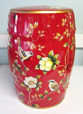 Oriental Chinese Red Chaffinches Floral Porcelain Stool Table Mandarin Style - Image 1 of 4