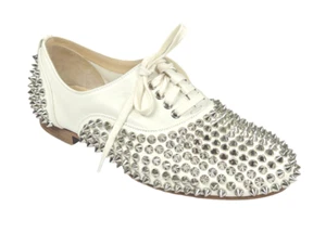 CHRISTIAN LOUBOUTIN Freddy Spiked Shoes Oxford 35.5 Lace Up Silver Loafers 5.5 - Picture 1 of 13