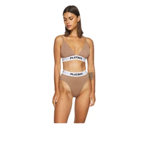 2 Piece High Waist Brief's Panty & Triangle Bra Missguided x Playboy Tan size 2 - Picture 1 of 6