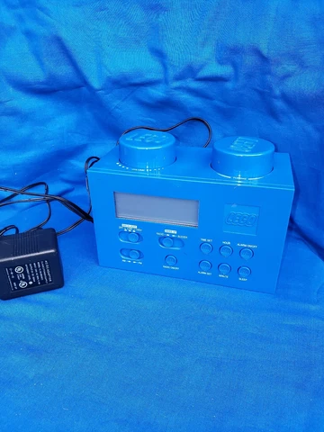 Authentic Lego Blue Brick Portable Radio Alarm clock with AC/DC power supply Cover