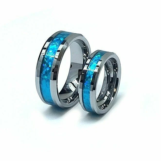 Anillo de boda con incrustación azul ópalo hawaiano de carburo de tungsteno de 8 mm/6 mm para hombre y mujer Foto 1 de 1