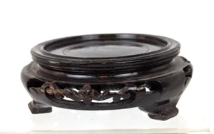 Vintage Chinese Carved Wooden Display Stand for 3" Bowl Vase or Pot Dark Lacquer - Picture 1 of 7