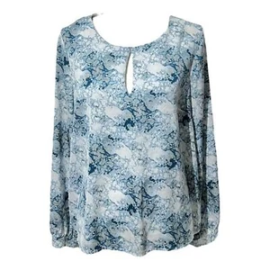 Watercolor Blue Marble Print Large Long Sleeve V-Neck Blouse - Picture 1 of 3