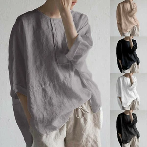 Summer Women Cotton Linen Plain T Shirt Blouse Ladies Casual Loose Top Tunic Tee - Picture 1 of 24