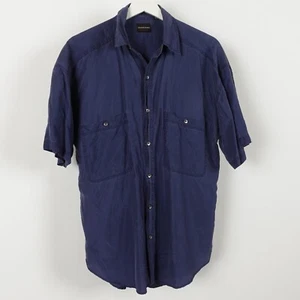 Vintage 90s Structure Men's 100% Silk Shirt Button Short Sleeve Navy Blue Medium - Picture 1 of 12